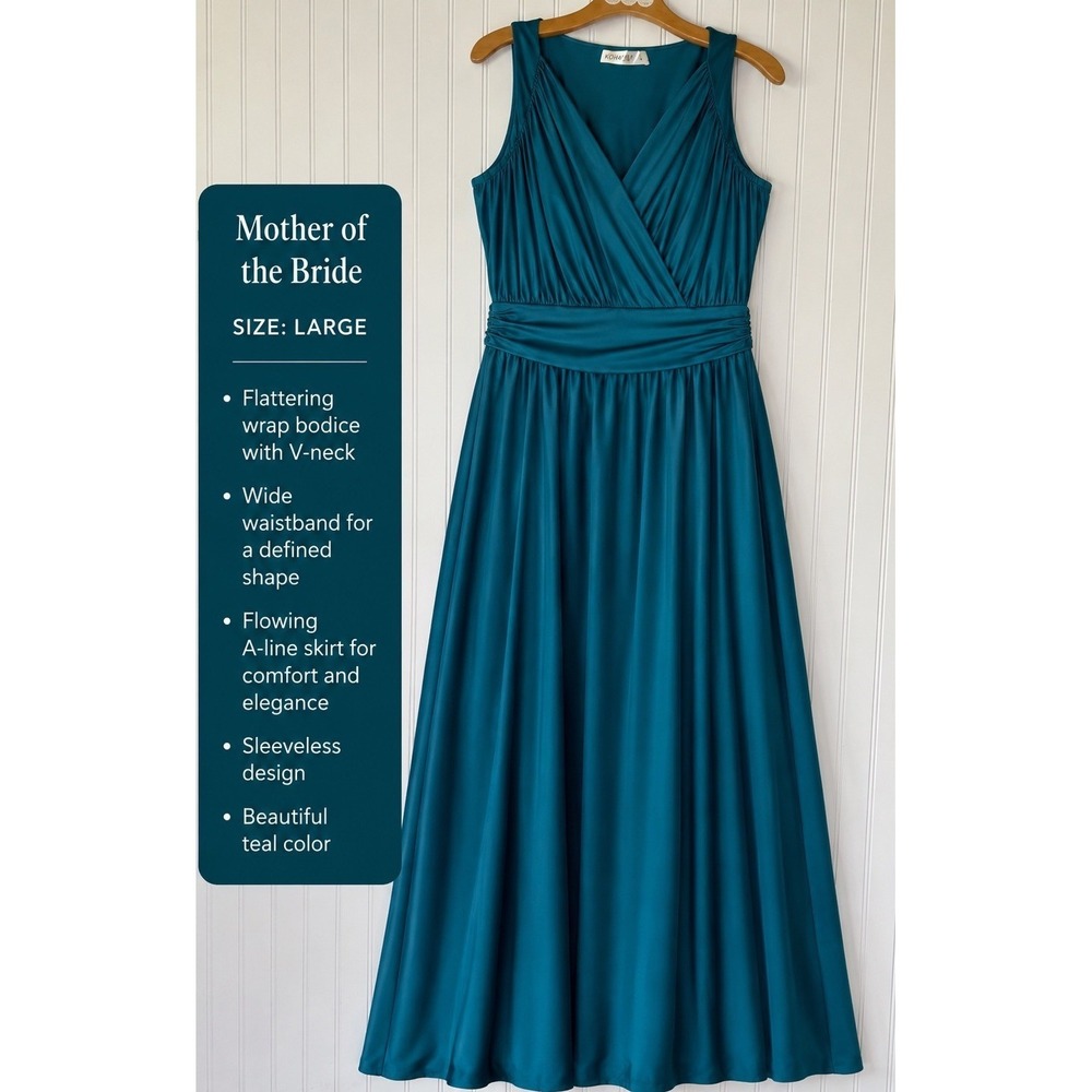 Koh Koh Maxi Dress Teal LG Empire Bodice V-Neck Gather  Waist Sleeveless Classic